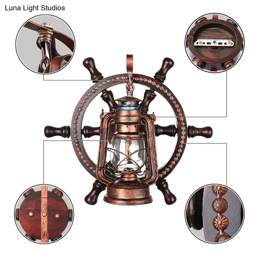 Coastal Clear Glass Kerosene Wall Sconce: Weathered Copper Bedroom Light Fixture With Wheel