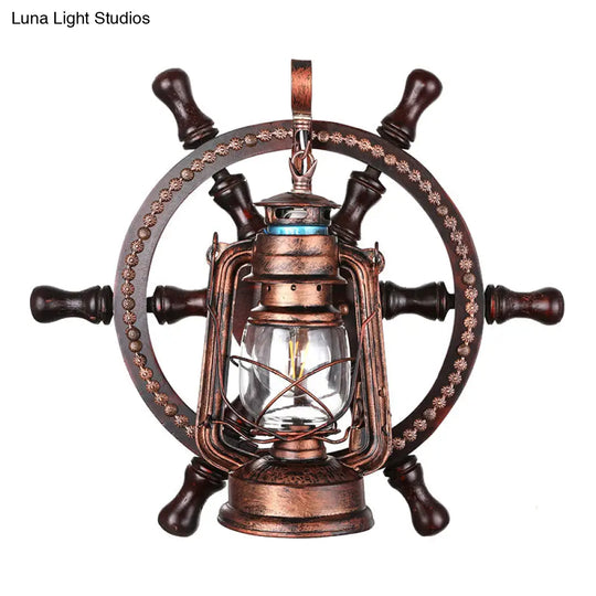 Coastal Clear Glass Kerosene Wall Sconce: Weathered Copper Bedroom Light Fixture With Wheel