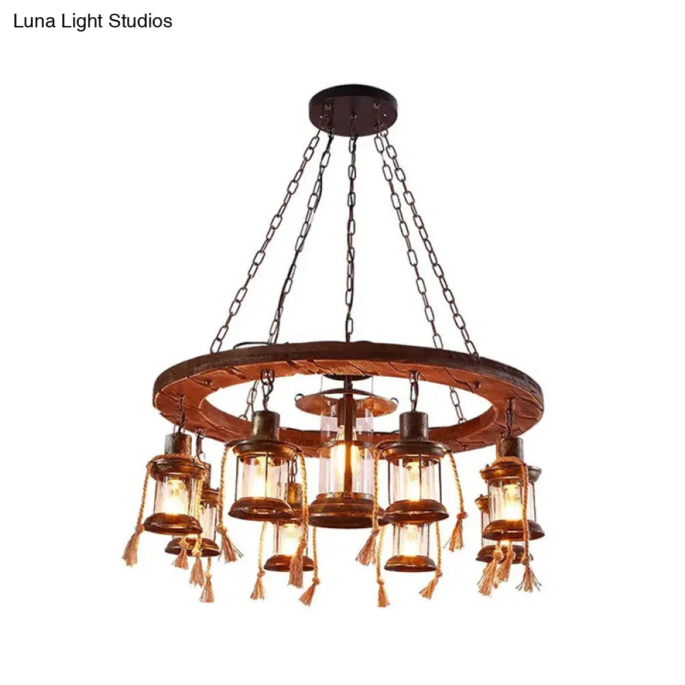 Coastal Clear Glass Lantern Pendant Chandelier With Wood Multi Lights & Chain Fixture