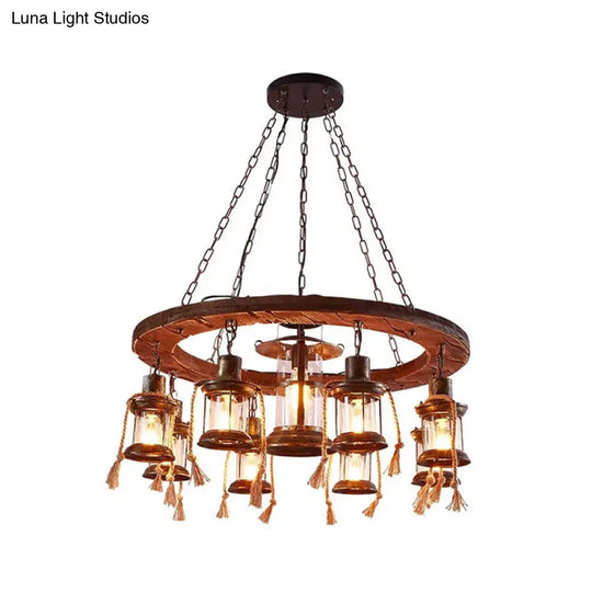 Coastal Clear Glass Lantern Pendant Chandelier With Wood Multi Lights & Chain Fixture