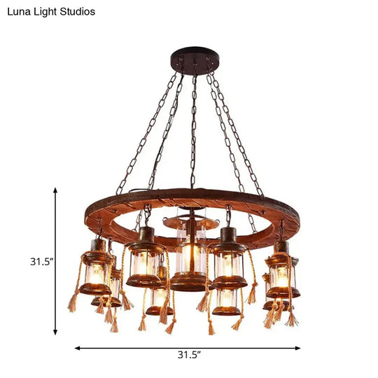 Coastal Clear Glass Lantern Pendant Chandelier With Wood Multi Lights & Chain Fixture