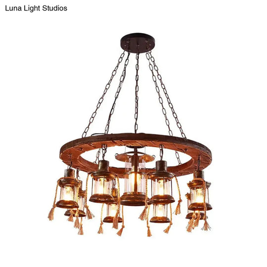 Coastal Clear Glass Lantern Pendant Lamp With Chain - Wood Multi Light Chandelier Fixture