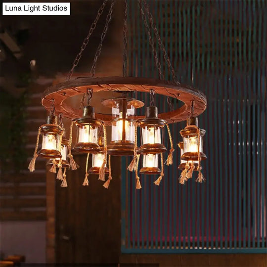 Coastal Clear Glass Lantern Pendant Chandelier With Wood Multi Lights & Chain Fixture