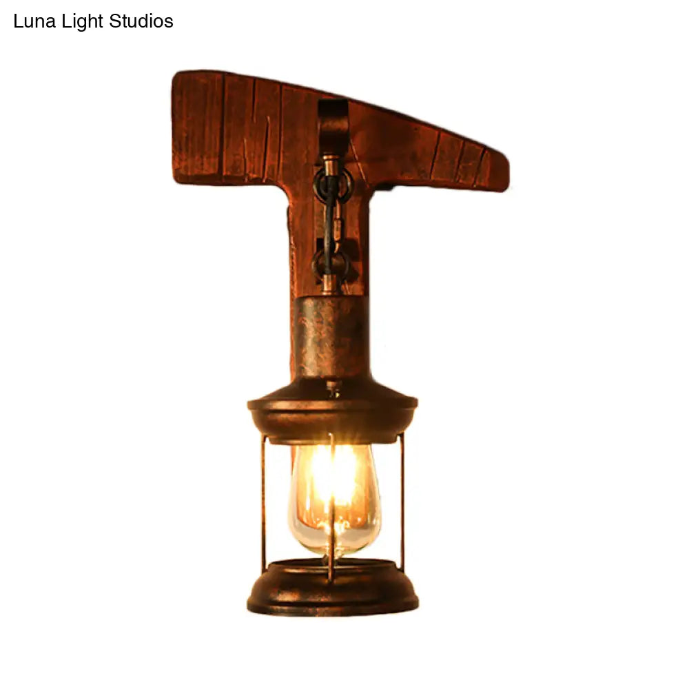 Coastal Clear Glass Lantern Sconce Light With Wooden Backplate - Rustic One-Light Fixture