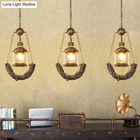 Coastal Clear Glass Antique Brass Lantern Ceiling Light: Stylish Dining Room Pendant With Chain