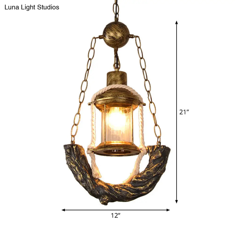 Coastal Clear Glass Pendant Ceiling Lantern - Antique Brass 1-Light Fixture With Chain