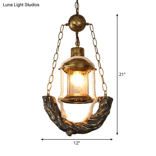 Coastal Clear Glass Antique Brass Lantern Ceiling Light: Stylish Dining Room Pendant With Chain