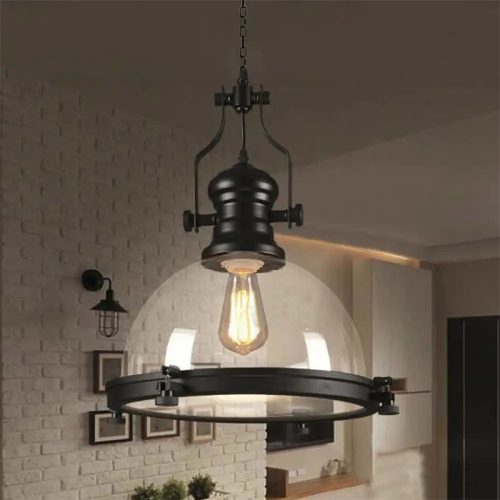 Coastal Clear Glass Single-Bulb Pendant Ceiling Light - Black Dome Design For Dining Room