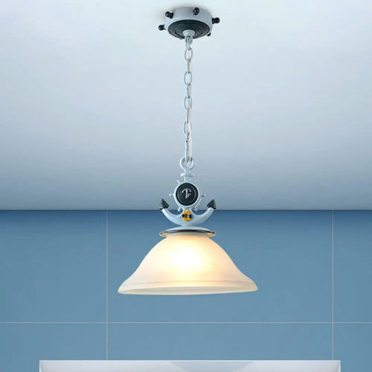 Coastal Frosted Glass Pendant Light With Anchor Design - 5/13 Diameter 1 Bulb Blue / 13