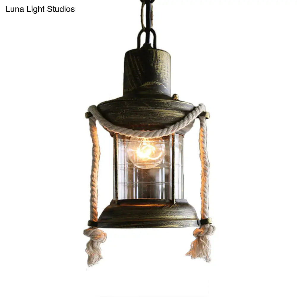 Coastal Kerosene Pendant Light: Clear Glass Hanging Ceiling Light In Antique Brass/Weathered Copper