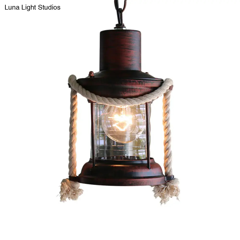 Coastal Kerosene Pendant Light: Clear Glass Hanging Ceiling Light In Antique Brass/Weathered Copper