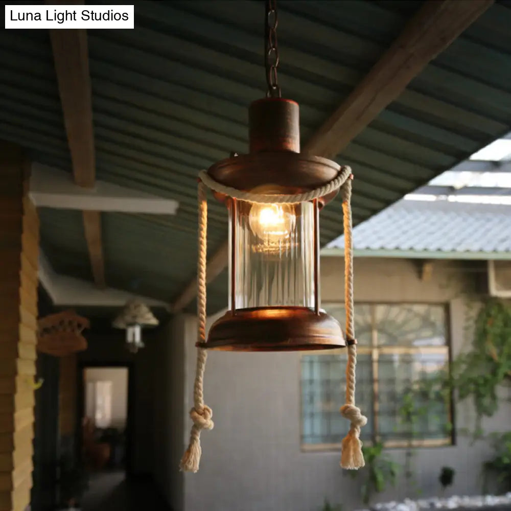 Coastal Kerosene Pendant Light: Clear Glass Hanging Ceiling Light In Antique Brass/Weathered Copper