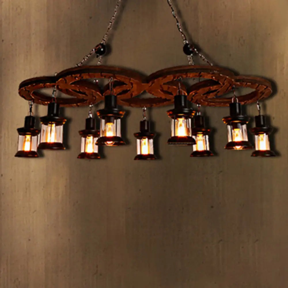 Coastal Lantern Chandelier: Clear Glass Lighting Pendant With Black Finish And Wooden Shelf