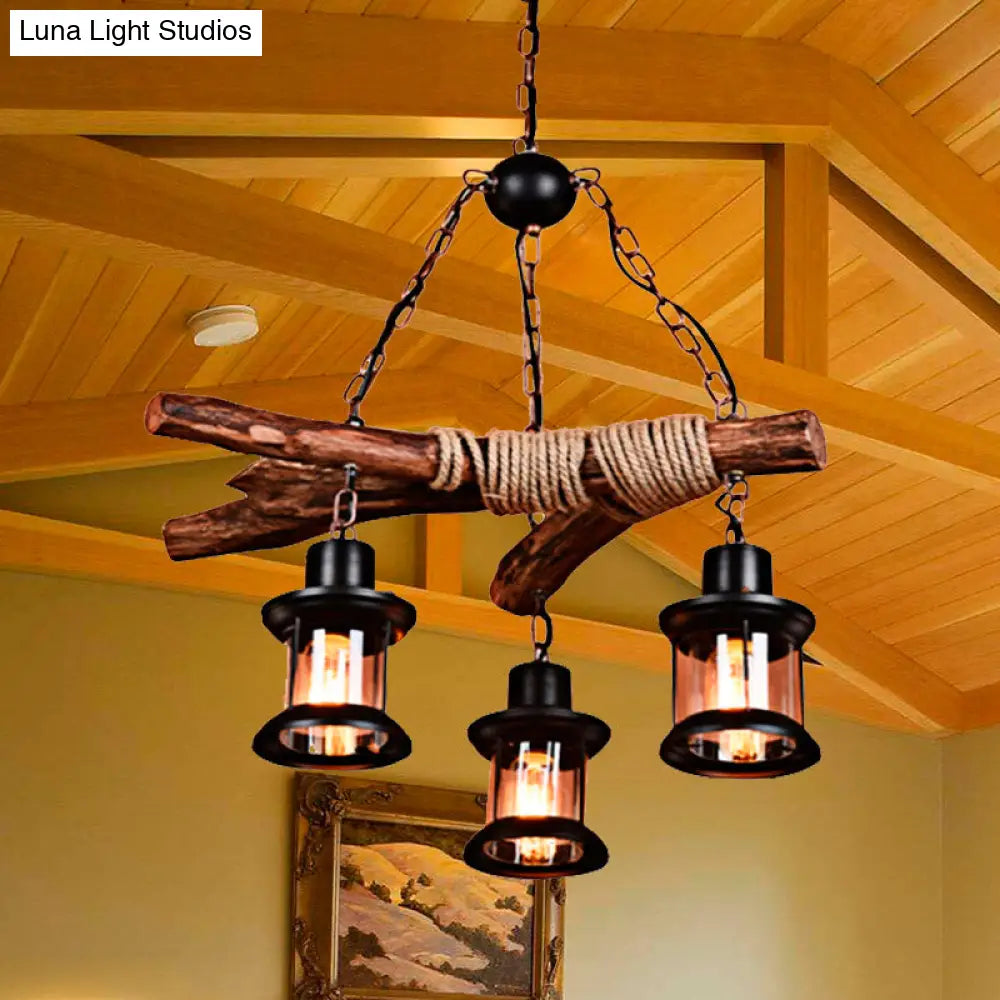 Coastal Style Lantern Ceiling Light With Clear Glass 3 Lights Black Finish Chain And Wood