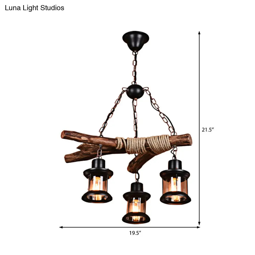 Coastal Style Lantern Ceiling Light With Clear Glass 3 Lights Black Finish Chain And Wood