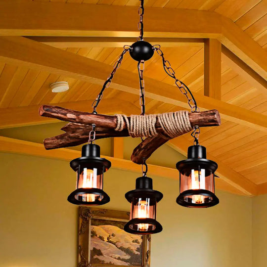 Coastal Lantern Chandelier With Clear Glass 3 Lights Black Finish Chain & Wood