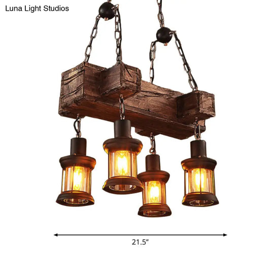 Coastal Lantern Clear Glass Pendant 4-Light Island Light Fixture In Brown With Wood Accents