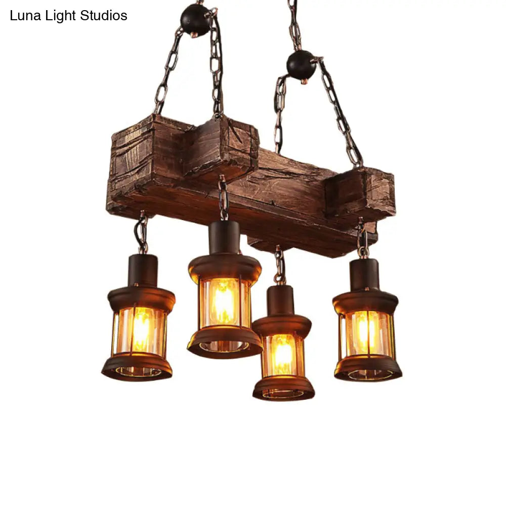 Coastal Lantern Clear Glass Pendant 4-Light Island Light Fixture In Brown With Wood Accents