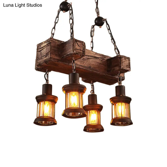 Coastal Lantern Clear Glass Pendant 4-Light Island Light Fixture In Brown With Wood Accents