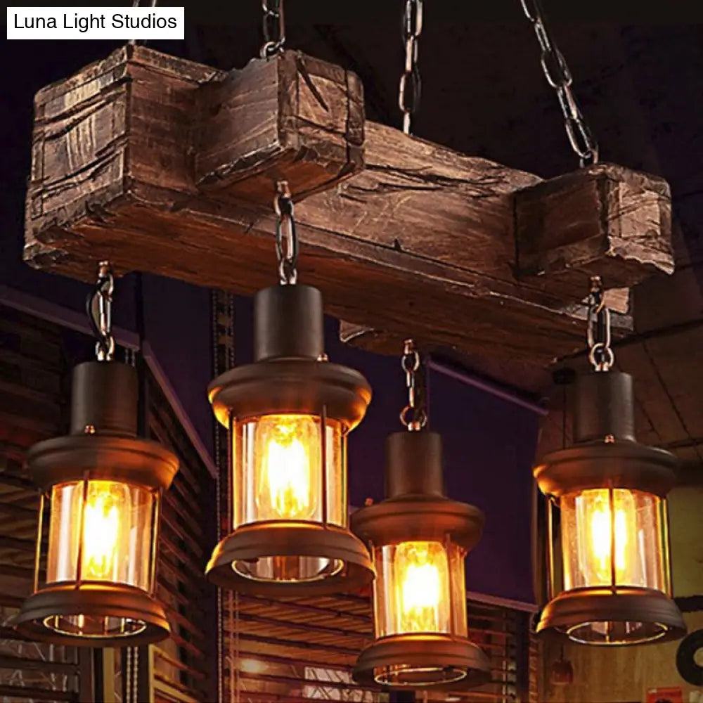 Coastal Lantern Clear Glass Pendant 4-Light Island Light Fixture In Brown With Wood Accents