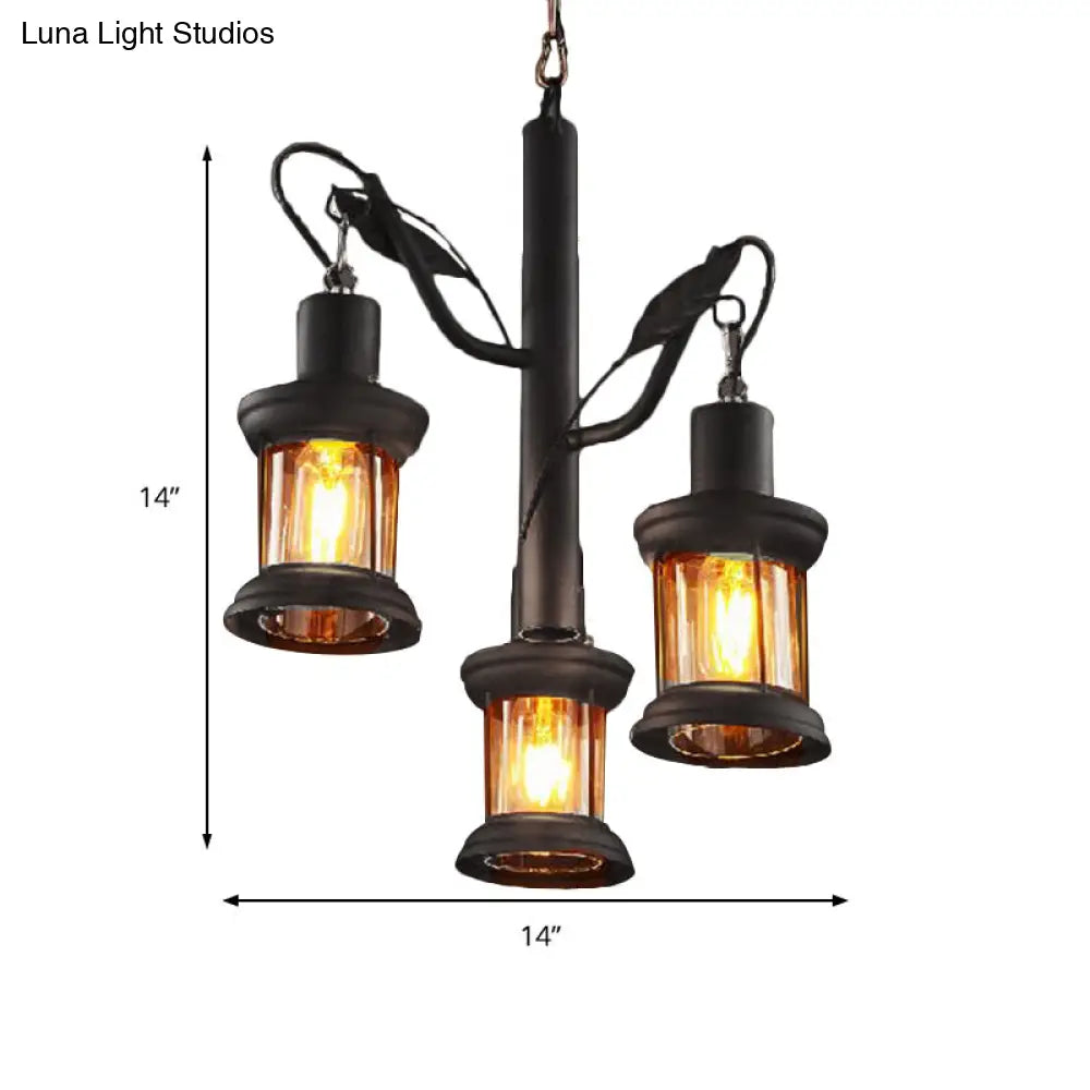 Coastal Black Lantern Chandelier With Clear Glass Pendant And 3 Lights - Ceiling Fixture