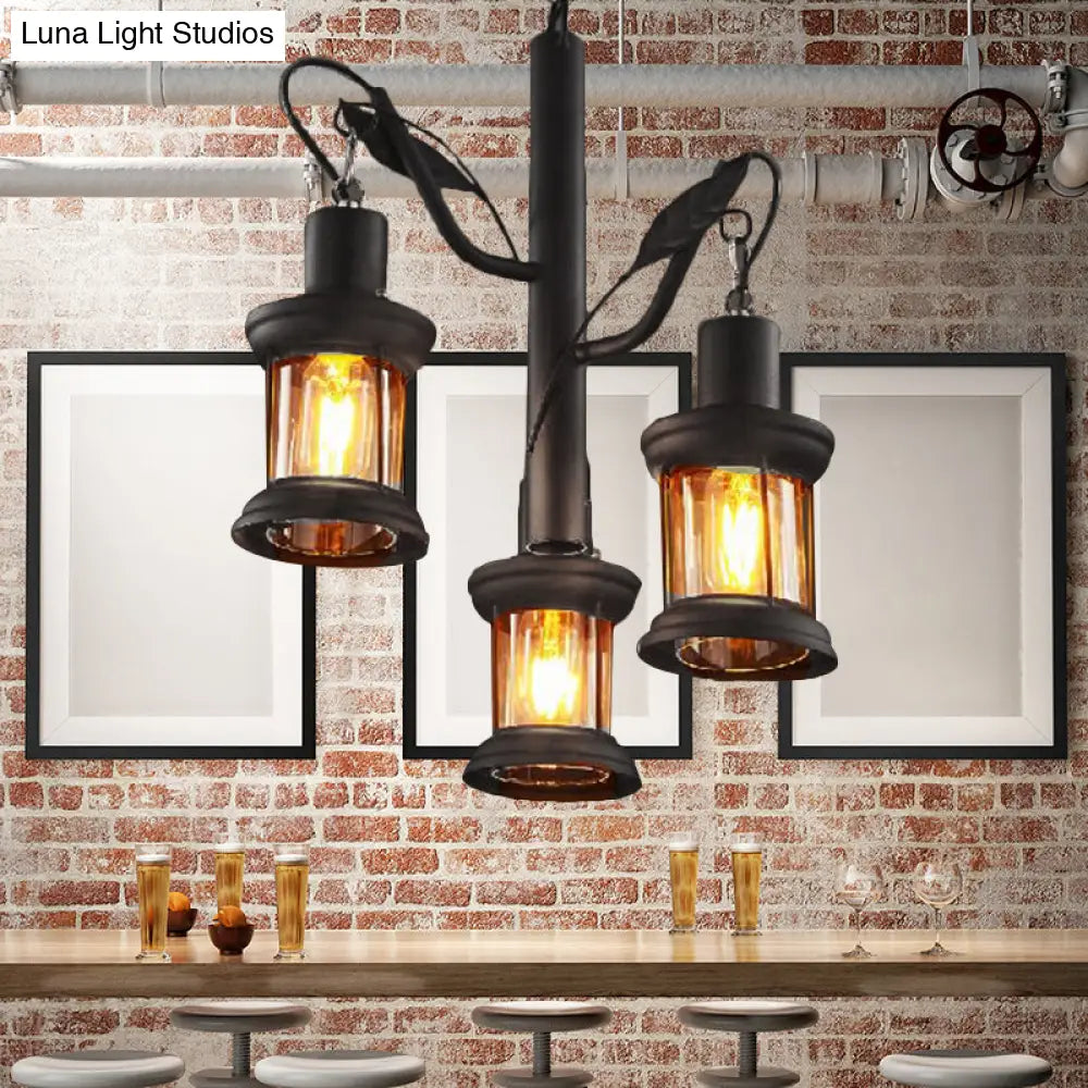 Coastal Lantern Pendant Chandelier - 3-Light Ceiling Fixture With Clear Glass In Black