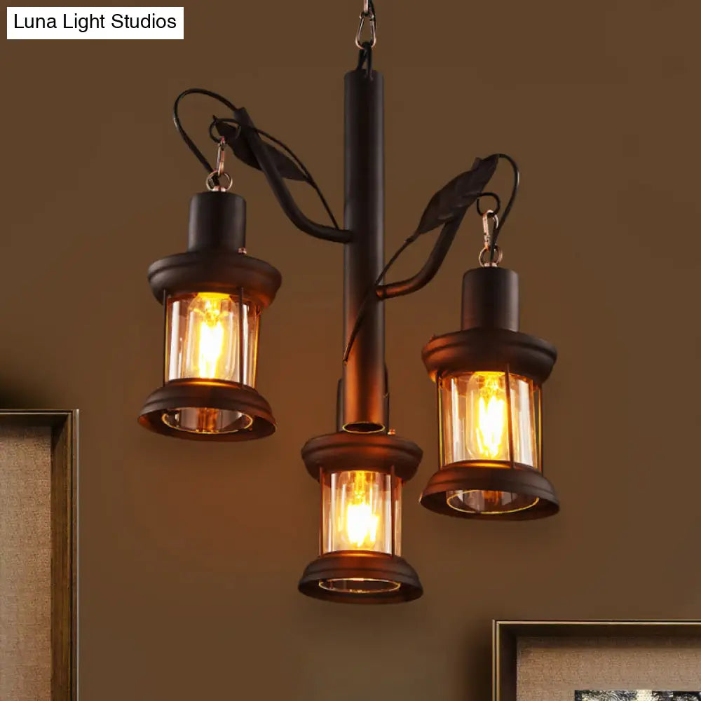 Coastal Black Lantern Chandelier With Clear Glass Pendant And 3 Lights - Ceiling Fixture