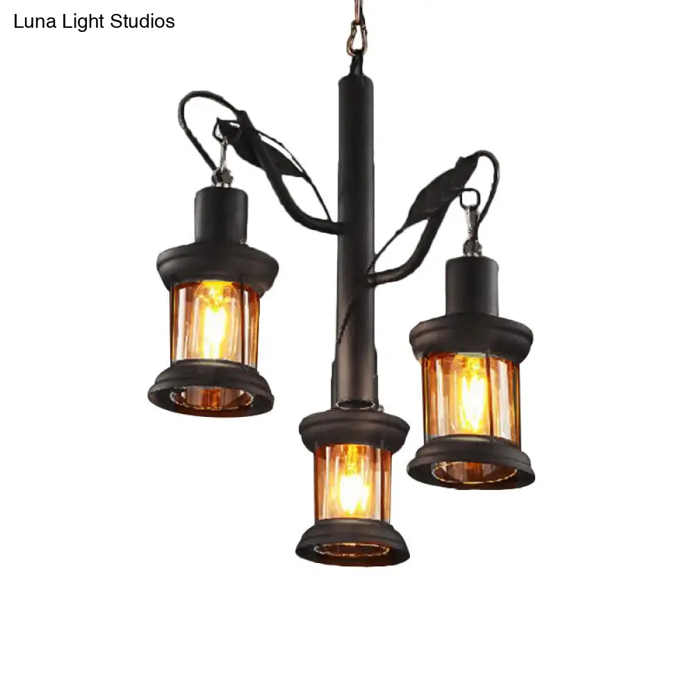 Coastal Black Lantern Chandelier With Clear Glass Pendant And 3 Lights - Ceiling Fixture