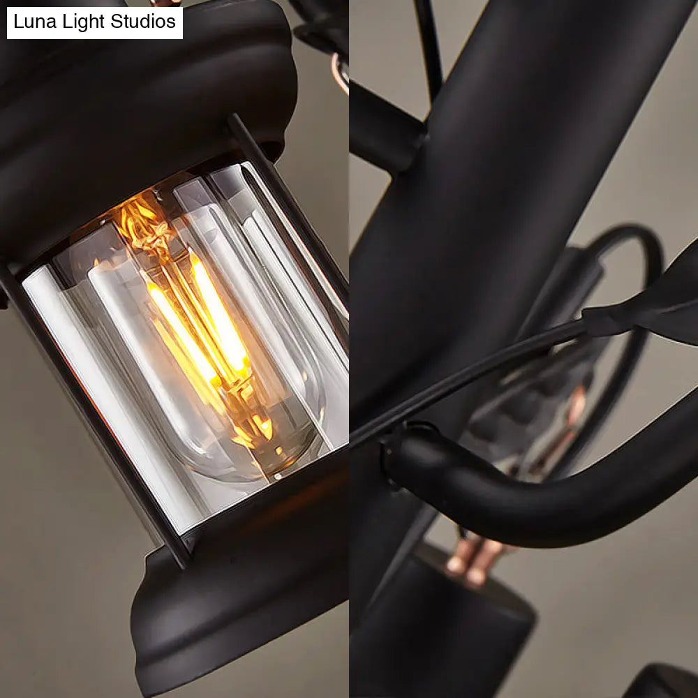 Coastal Lantern Pendant Chandelier - 3-Light Ceiling Fixture With Clear Glass In Black