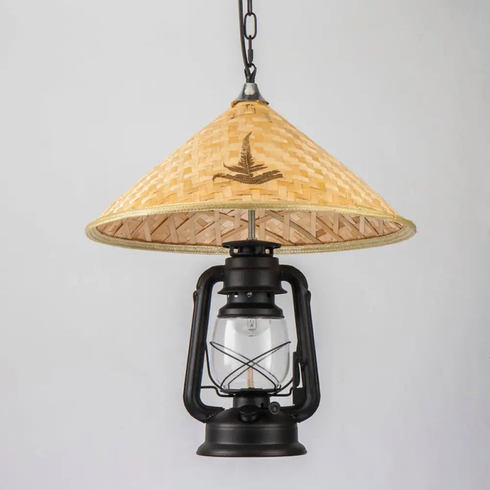Coastal Lantern Pendant Lamp: Clear Glass Hanging Light Fixture With Bamboo Top Black / B