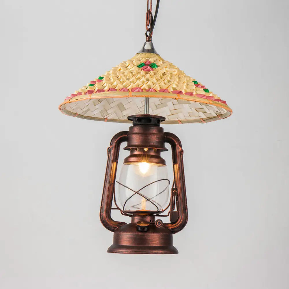 Coastal Lantern Pendant Lamp: Clear Glass Hanging Light Fixture With Bamboo Top Copper / A