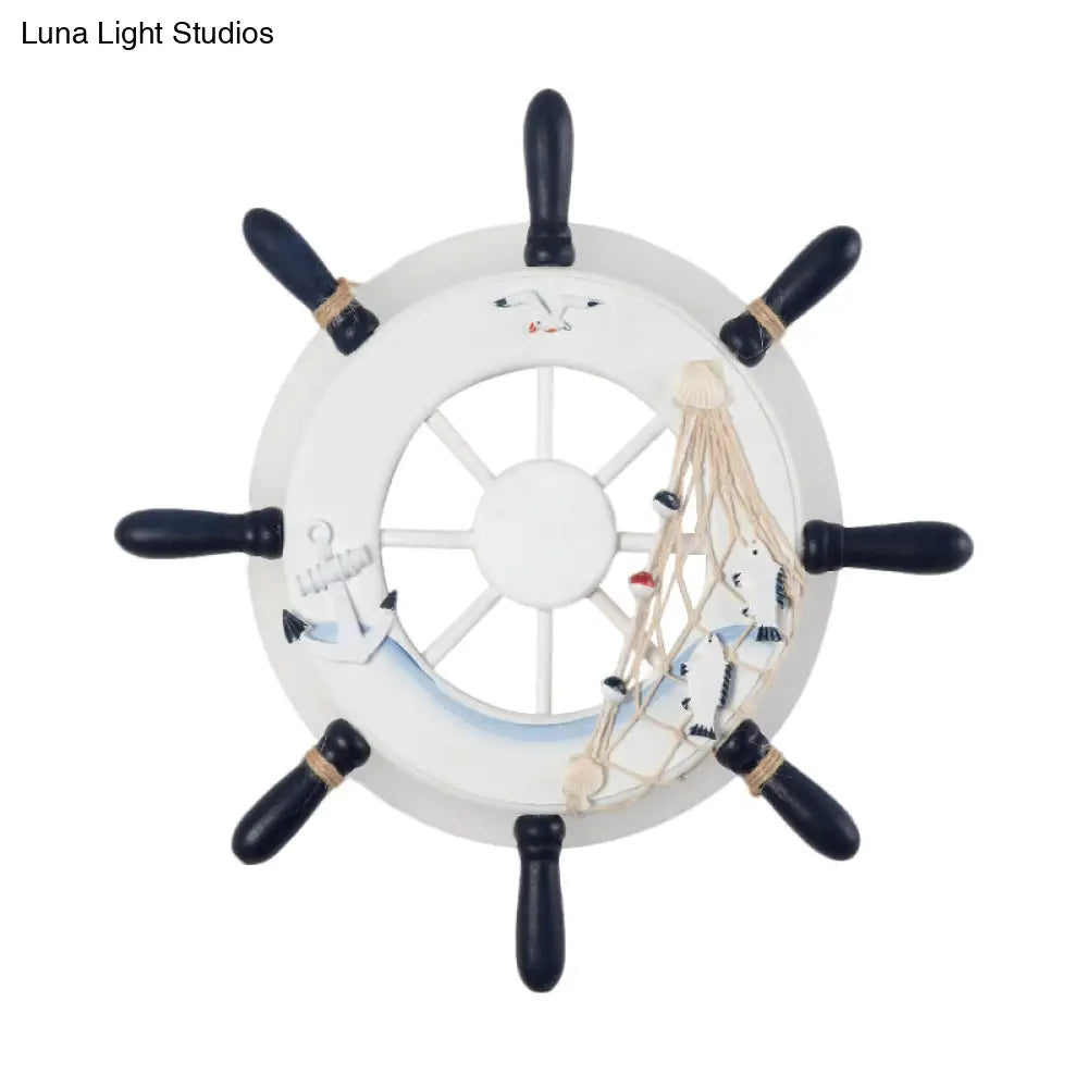 Coastal Led White/Blue Wall Mount Lamp: Rudder Resin Lighting With Round Acrylic Shade In Warm/White