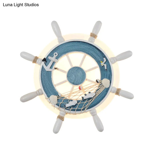 Coastal Led White/Blue Wall Mount Lamp: Rudder Resin Lighting With Round Acrylic Shade In Warm/White