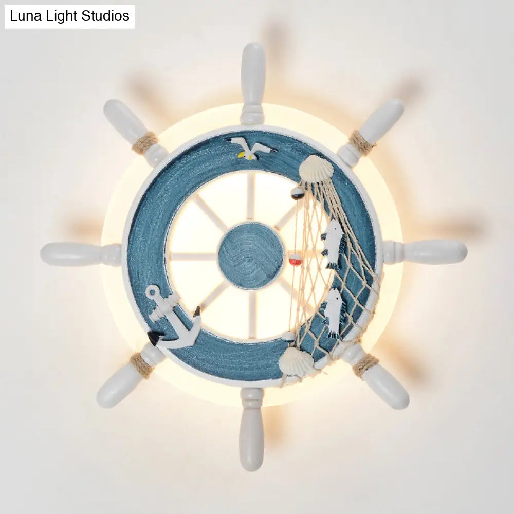 Coastal Led White/Blue Wall Mount Lamp: Rudder Resin Lighting With Round Acrylic Shade In Warm/White