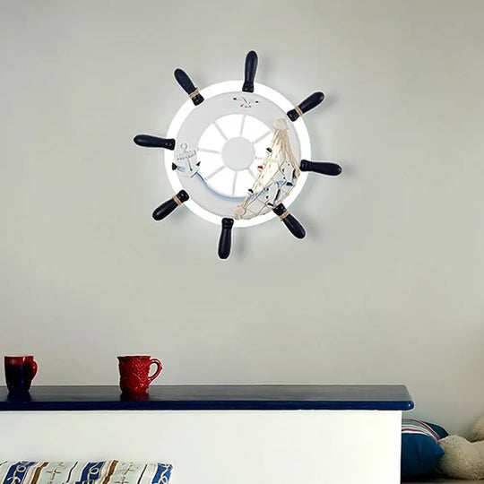 Coastal Led White/Blue Wall Mount Lamp: Rudder Resin Lighting With Round Acrylic Shade In Warm/White