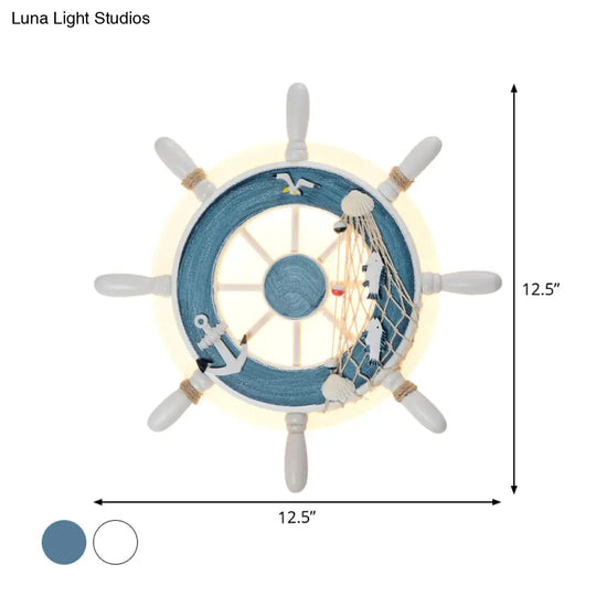 Coastal Led White/Blue Wall Mount Lamp: Rudder Resin Lighting With Round Acrylic Shade In Warm/White