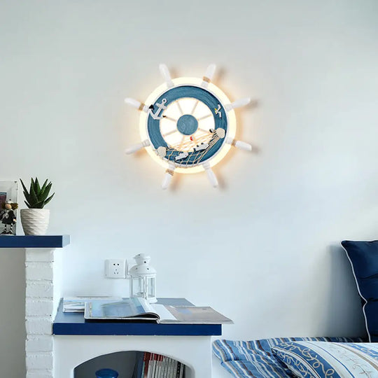 Coastal Led White/Blue Wall Mount Lamp: Rudder Resin Lighting With Round Acrylic Shade In Warm/White