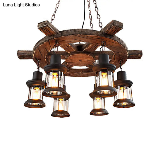 Coastal Metal Lantern Restaurant Chandelier - 6-Light Black Pendant Lamp With Wooden Rudder