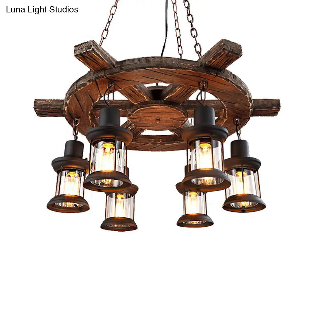 Coastal Metal Lantern Chandelier: 6-Light Black Pendant Lamp With Wooden Rudder Décor