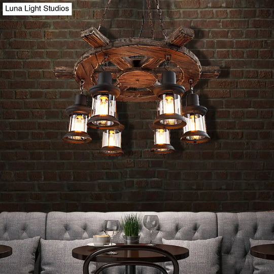 Coastal Metal Lantern Chandelier: 6-Light Black Pendant Lamp With Wooden Rudder Décor