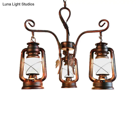 Coastal Opal Glass Lantern Chandelier - Weathered Copper Pendant Lighting For Dining Room 3 Lights