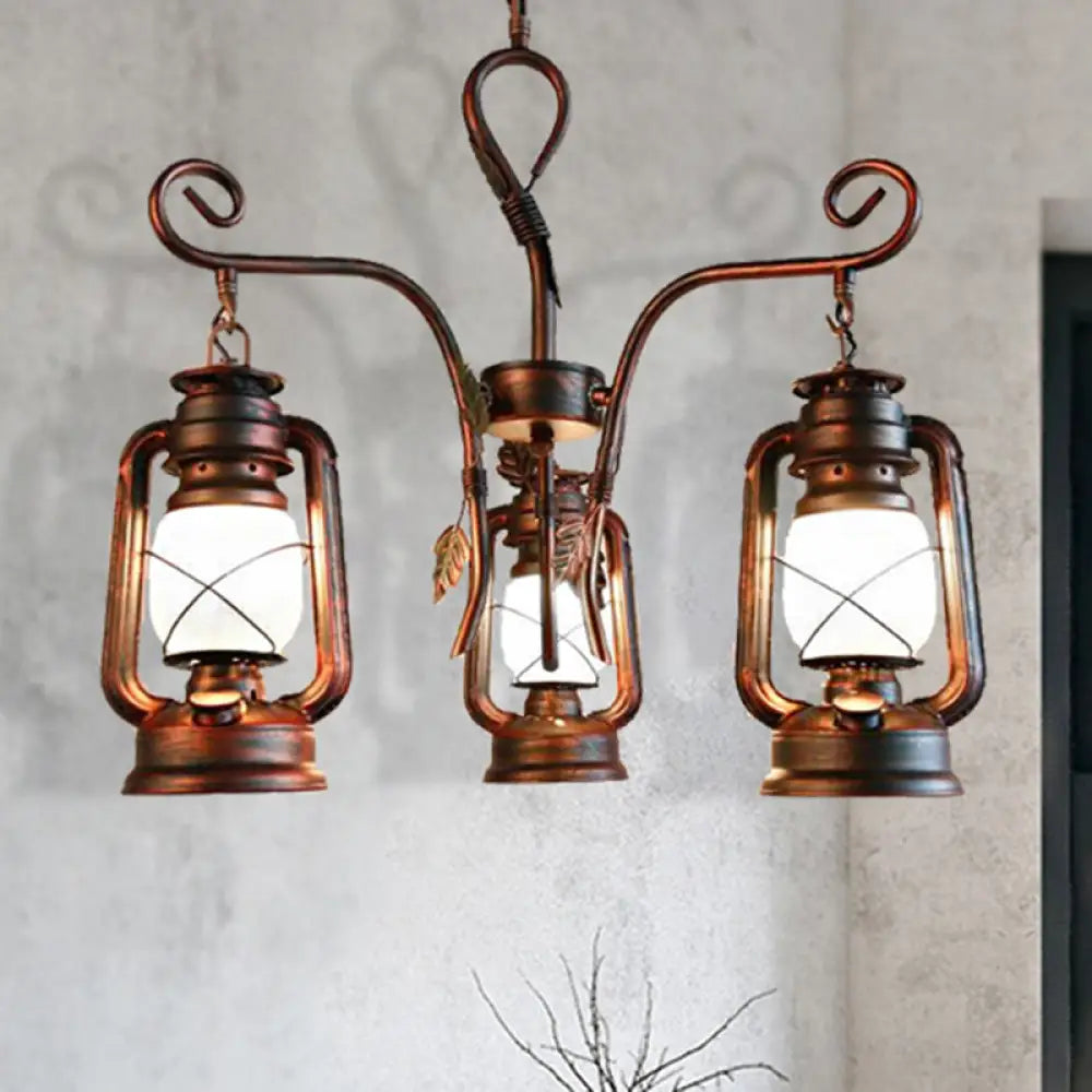 Coastal Opal Glass Lantern Chandelier - Weathered Copper Pendant Lighting For Dining Room 3 Lights