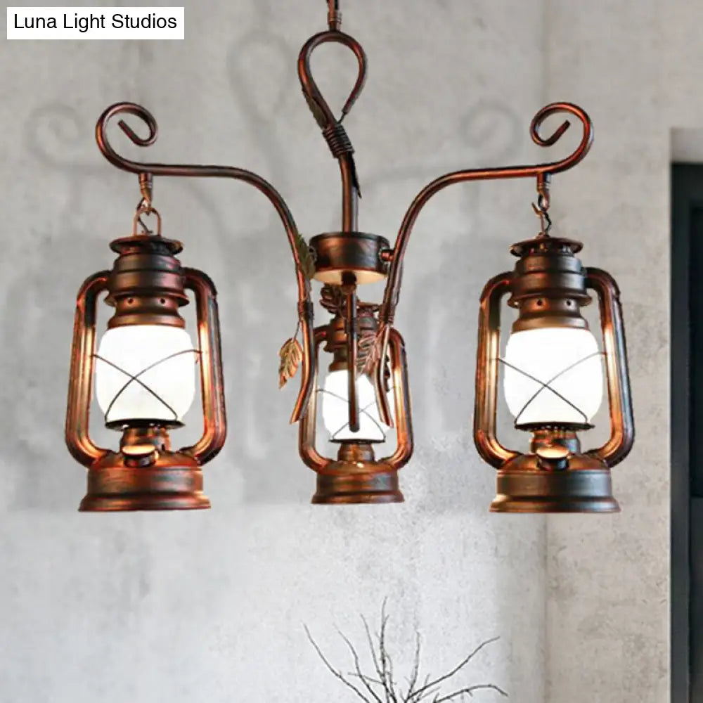 Coastal Opal Glass Chandelier With Weathered Copper Finish - 3-Light Pendant For Dining Room