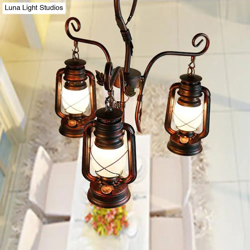 Coastal Opal Glass Lantern Chandelier - Weathered Copper Pendant Lighting For Dining Room 3 Lights