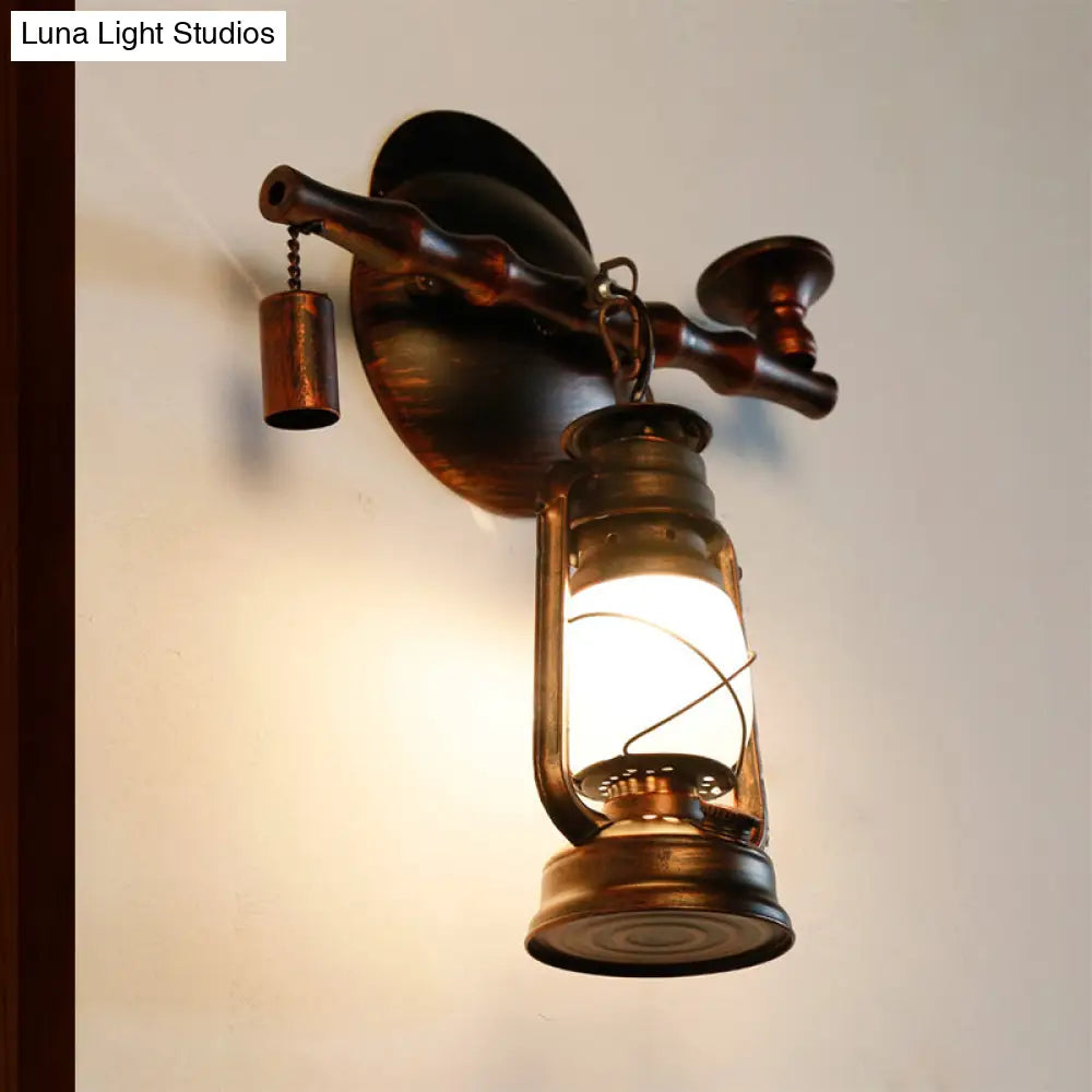 Coastal Opal Glass Lantern Wall Sconce: Antique Copper 1-Light Fixture With Pipe - Dining Room