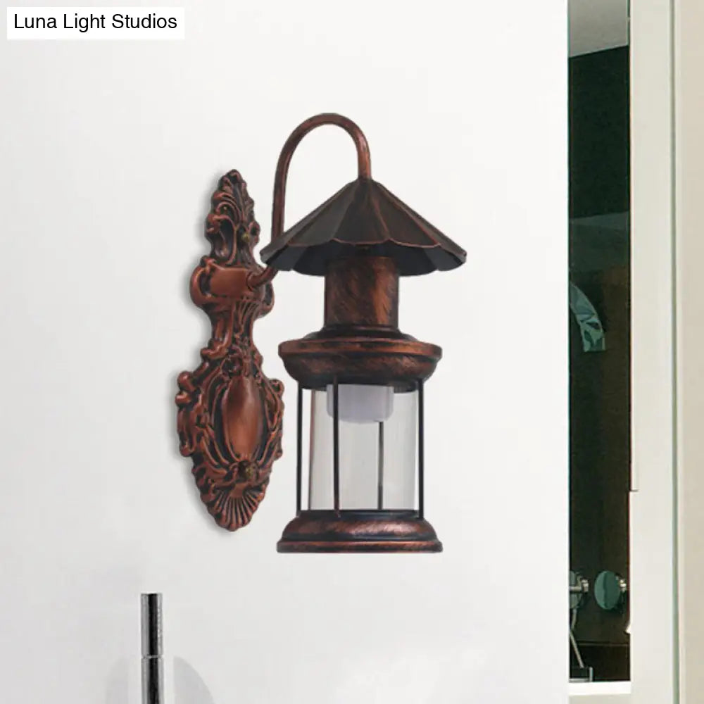 Coastal Outdoor Wall Sconce Lighting: Clear Glass Kerosene Shade With Black/Copper/Bronze Finish