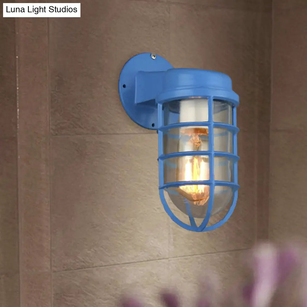 Coastal Red/Blue Metal Caged Wall Mounted Light Fixture With Clear Glass - Outdoor Lighting