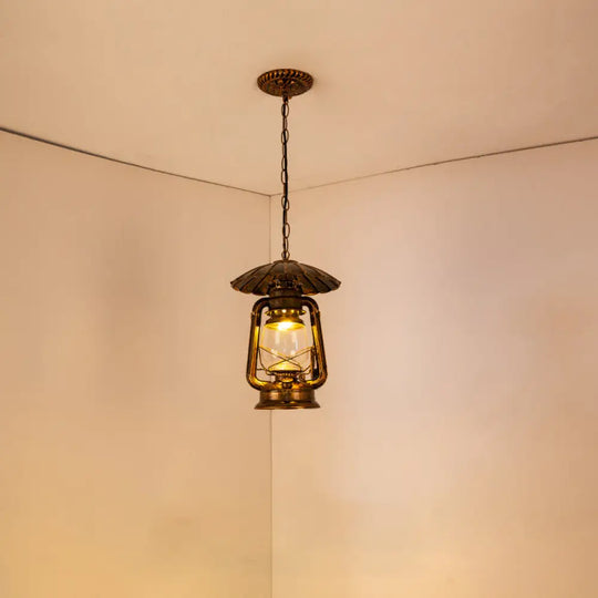 Coastal Restaurant 1-Head Metal Pendant Lamp With Clear Kerosene Glass Shade In Brass/Copper Brass