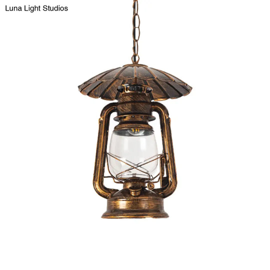 Coastal Restaurant 1-Head Metal Pendant Lamp With Clear Kerosene Glass Shade In Brass/Copper