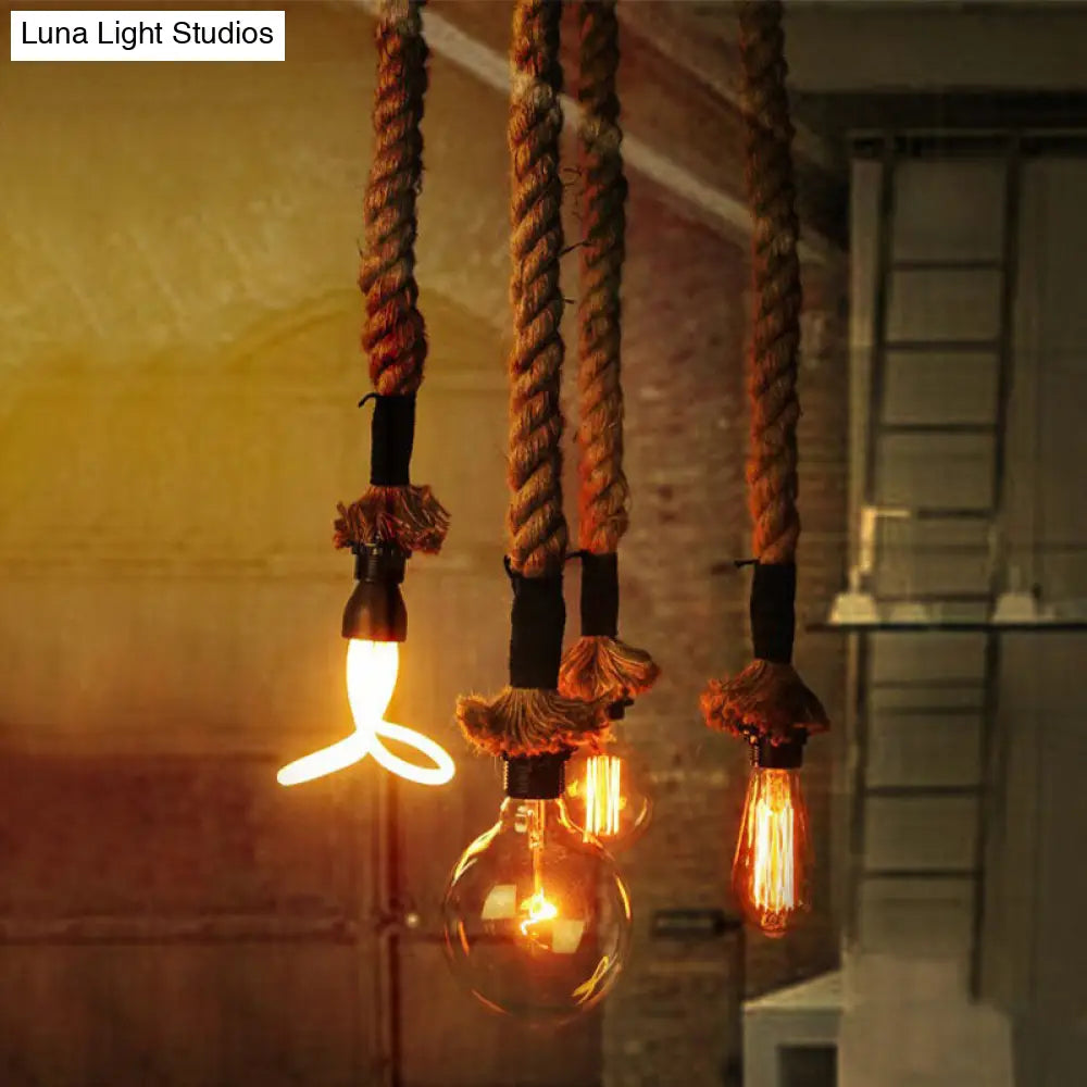 Beige Rope-Hung Pendant Lamp With Exposed Bulbs - Perfect For Restaurant Lighting